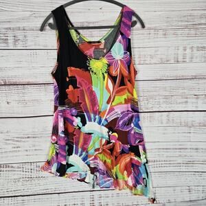 Jams World Asymmetrical Tunic Tank L Floral Bohemian Resort Wear Whimsical Top